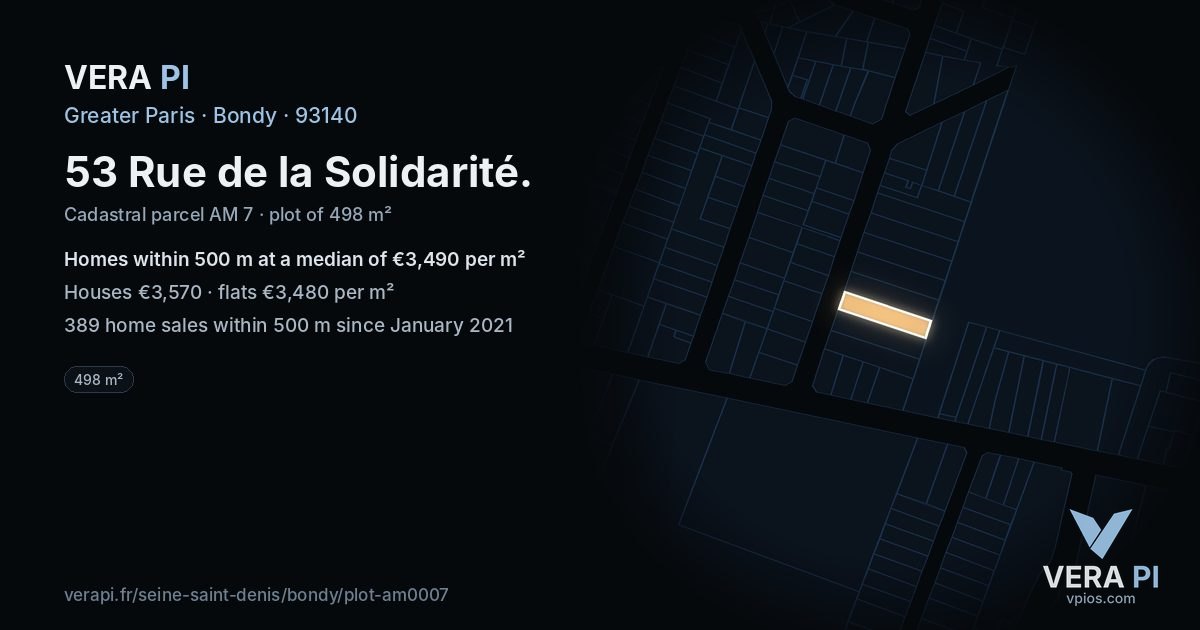 53 Rue de la Solidarité, Bondy at night – the plot lit, the parcels around coloured by the prices near them