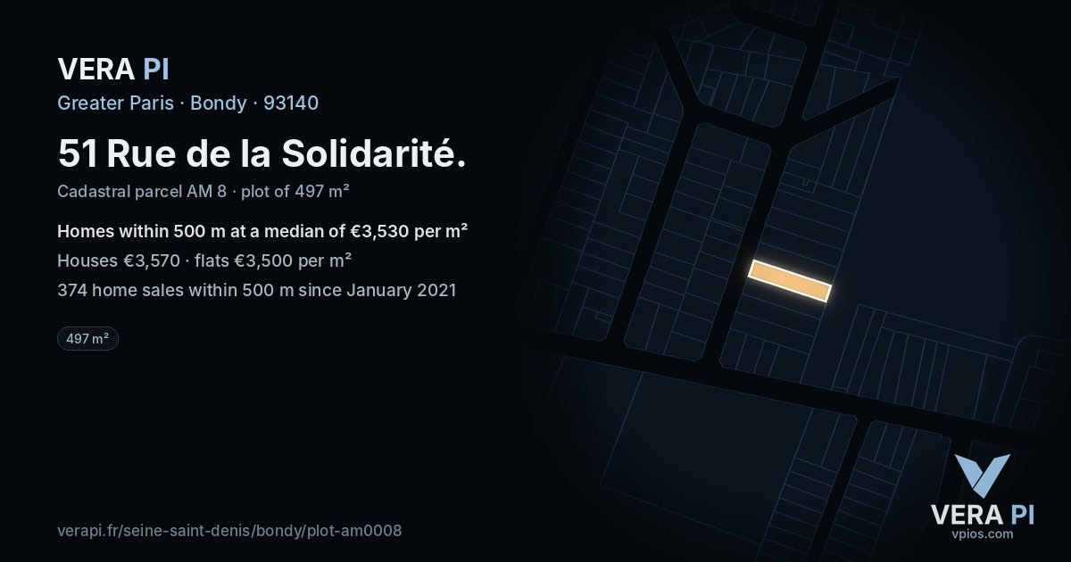 51 Rue de la Solidarité, Bondy at night – the plot lit, the parcels around coloured by the prices near them