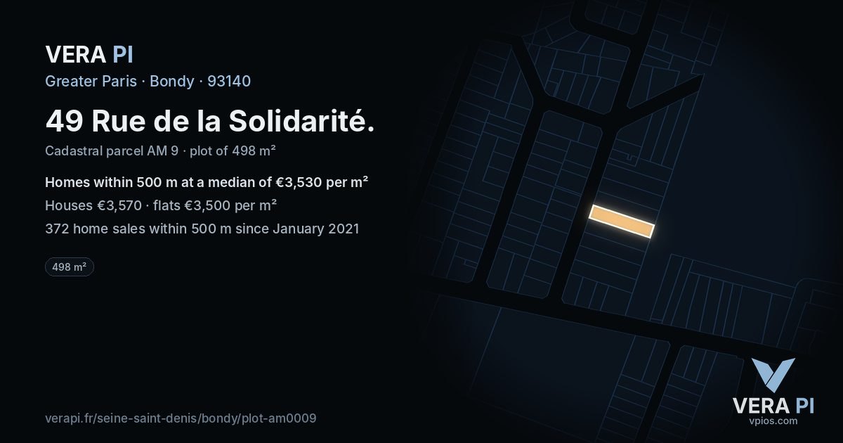 49 Rue de la Solidarité, Bondy at night – the plot lit, the parcels around coloured by the prices near them