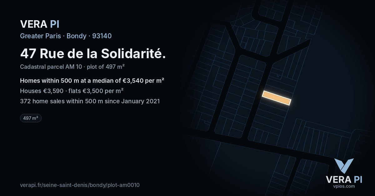 47 Rue de la Solidarité, Bondy at night – the plot lit, the parcels around coloured by the prices near them