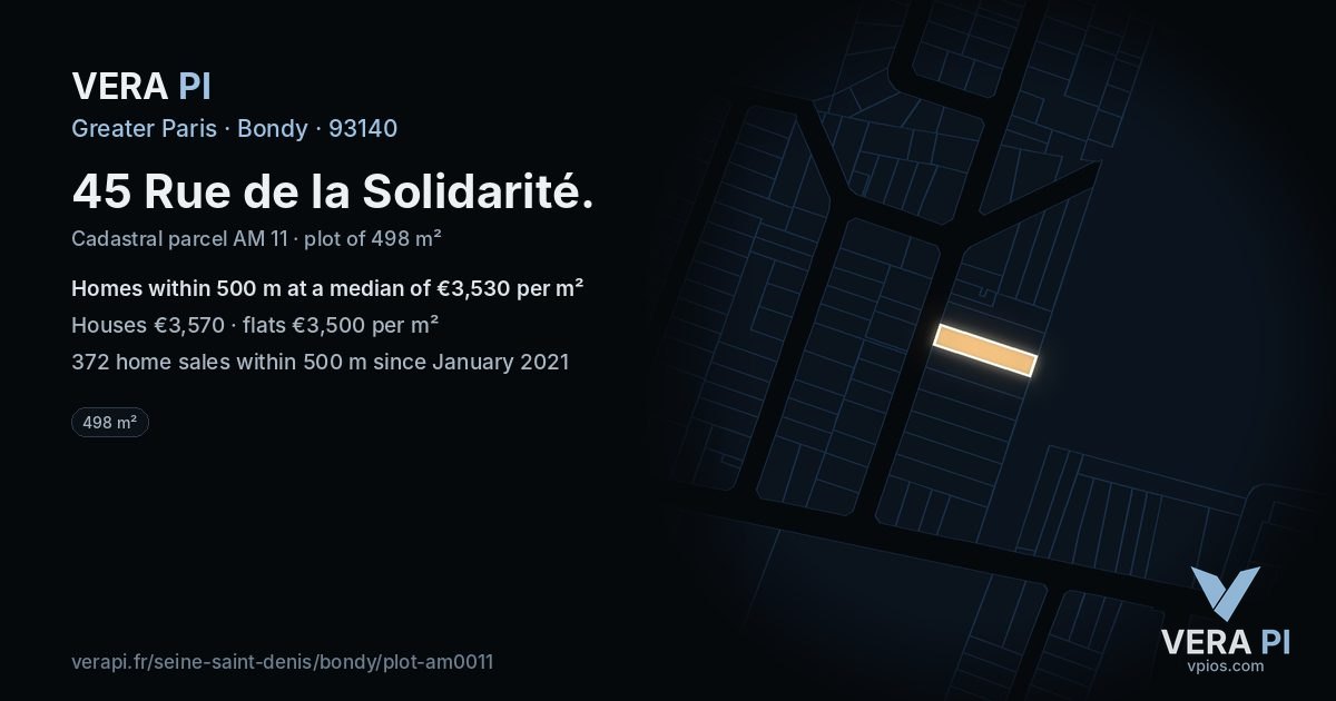 45 Rue de la Solidarité, Bondy at night – the plot lit, the parcels around coloured by the prices near them
