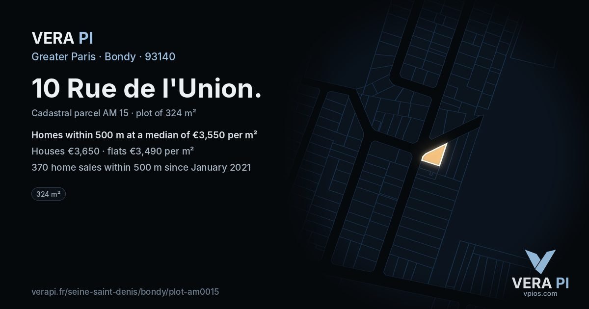 10 Rue de l'Union, Bondy at night – the plot lit, the parcels around coloured by the prices near them