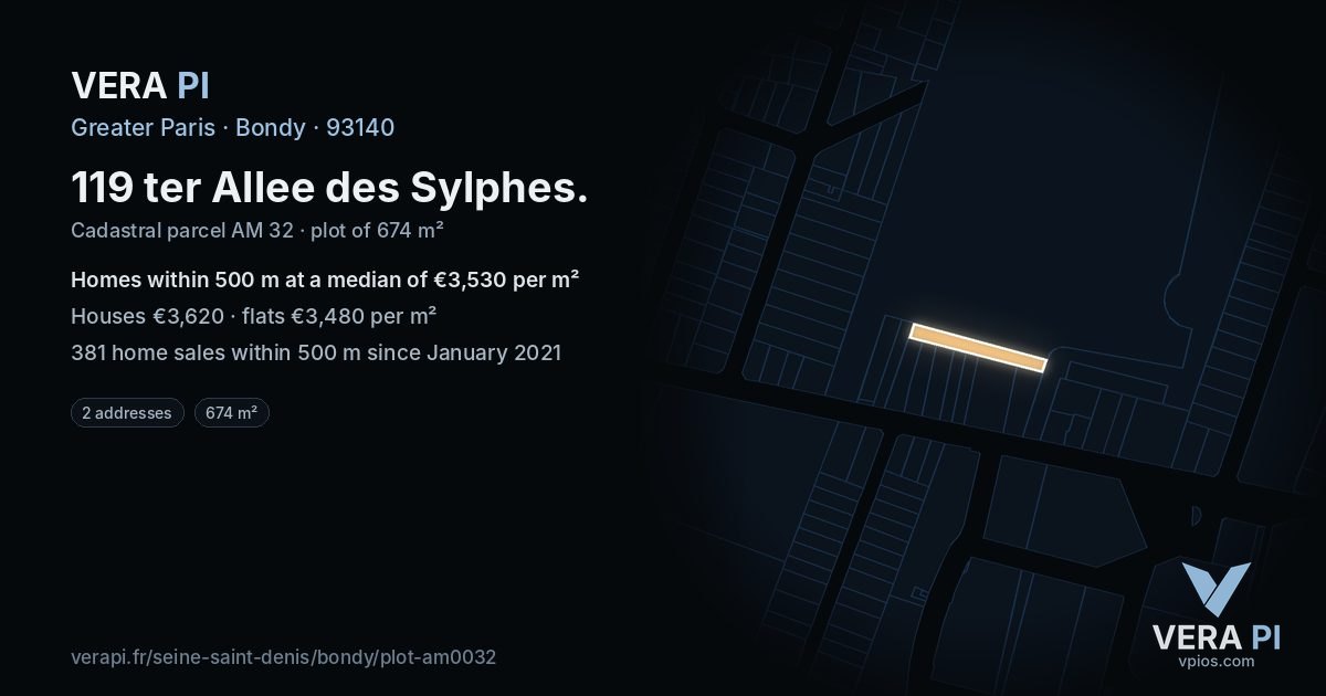 119 ter Allee des Sylphes, Bondy at night – the plot lit, the parcels around coloured by the prices near them