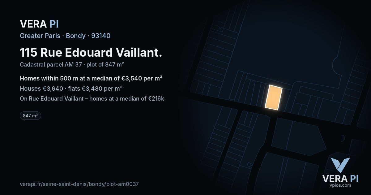 115 Rue Edouard Vaillant, Bondy at night – the plot lit, the parcels around coloured by the prices near them
