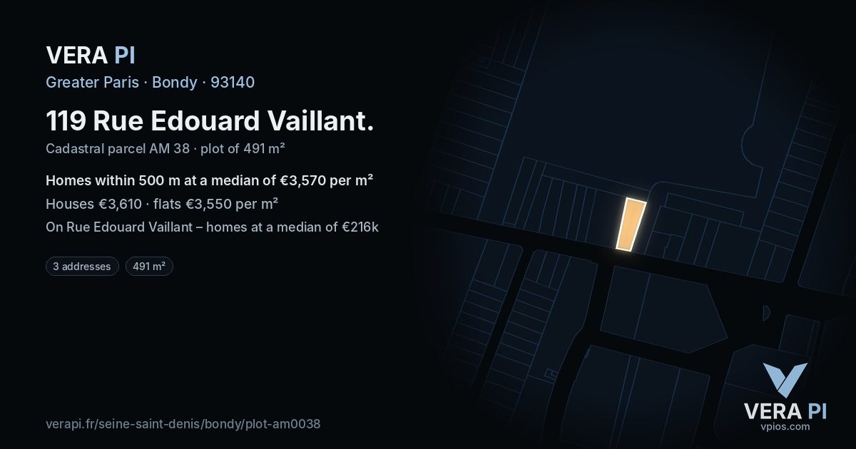 119 Rue Edouard Vaillant, Bondy at night – the plot lit, the parcels around coloured by the prices near them