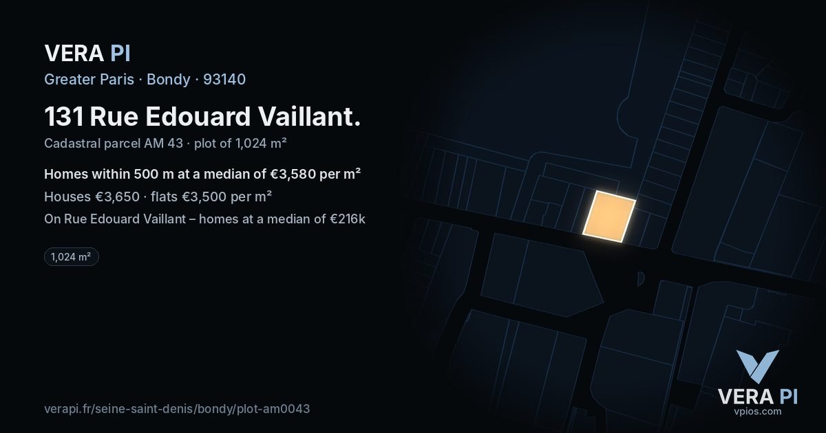 131 Rue Edouard Vaillant, Bondy at night – the plot lit, the parcels around coloured by the prices near them