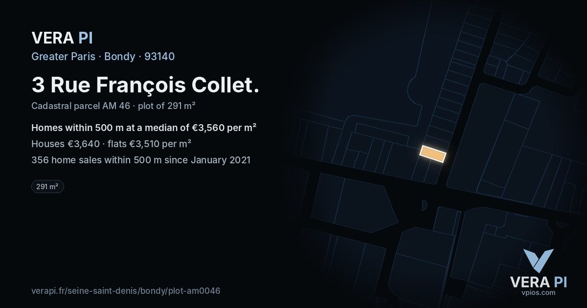 3 Rue François Collet, Bondy at night – the plot lit, the parcels around coloured by the prices near them