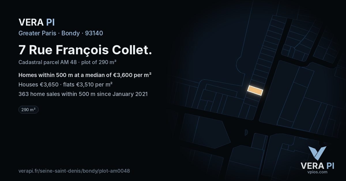 7 Rue François Collet, Bondy at night – the plot lit, the parcels around coloured by the prices near them