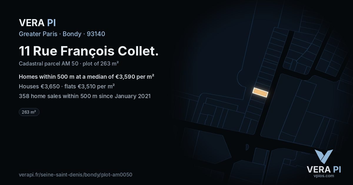 11 Rue François Collet, Bondy at night – the plot lit, the parcels around coloured by the prices near them