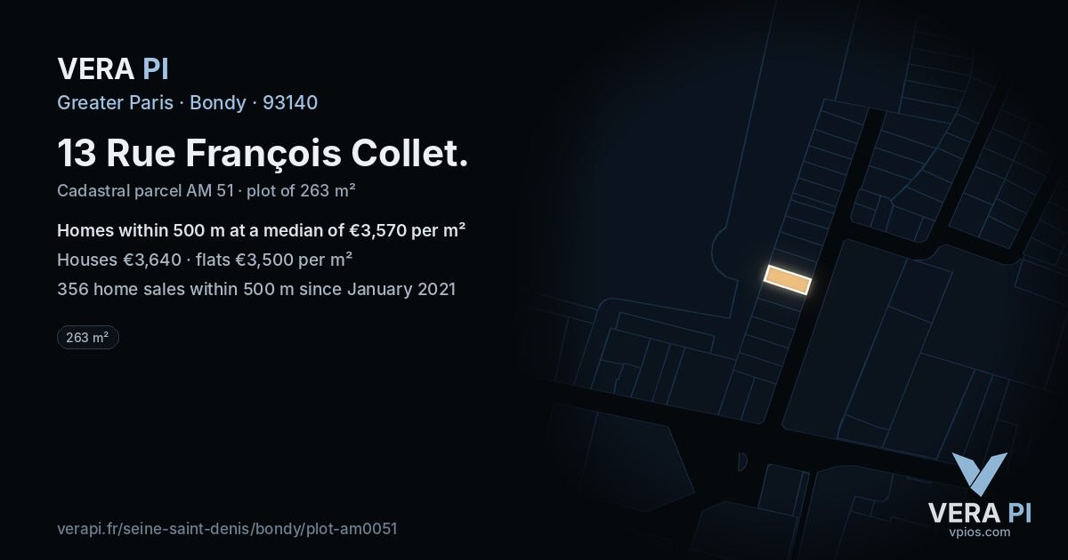 13 Rue François Collet, Bondy at night – the plot lit, the parcels around coloured by the prices near them