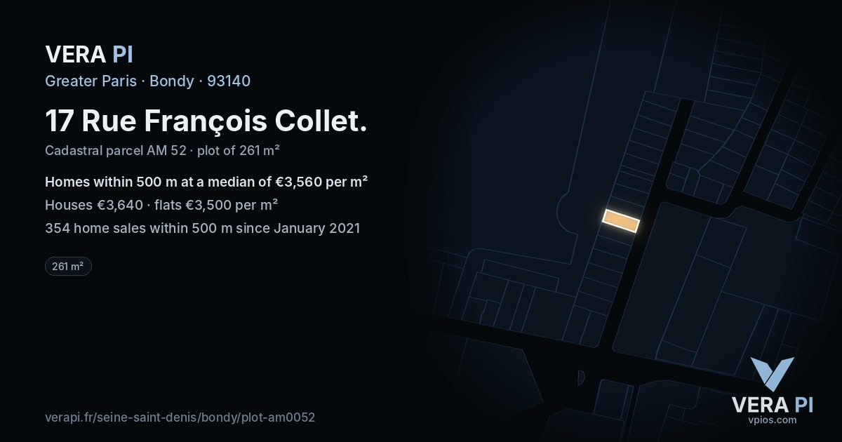 17 Rue François Collet, Bondy at night – the plot lit, the parcels around coloured by the prices near them