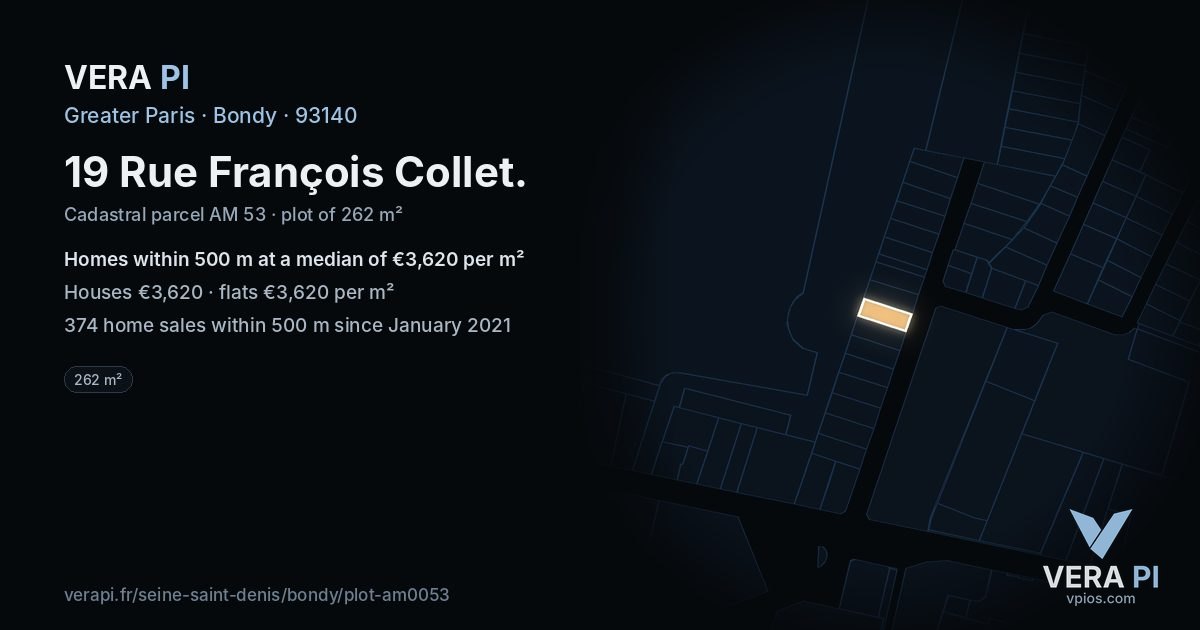 19 Rue François Collet, Bondy at night – the plot lit, the parcels around coloured by the prices near them
