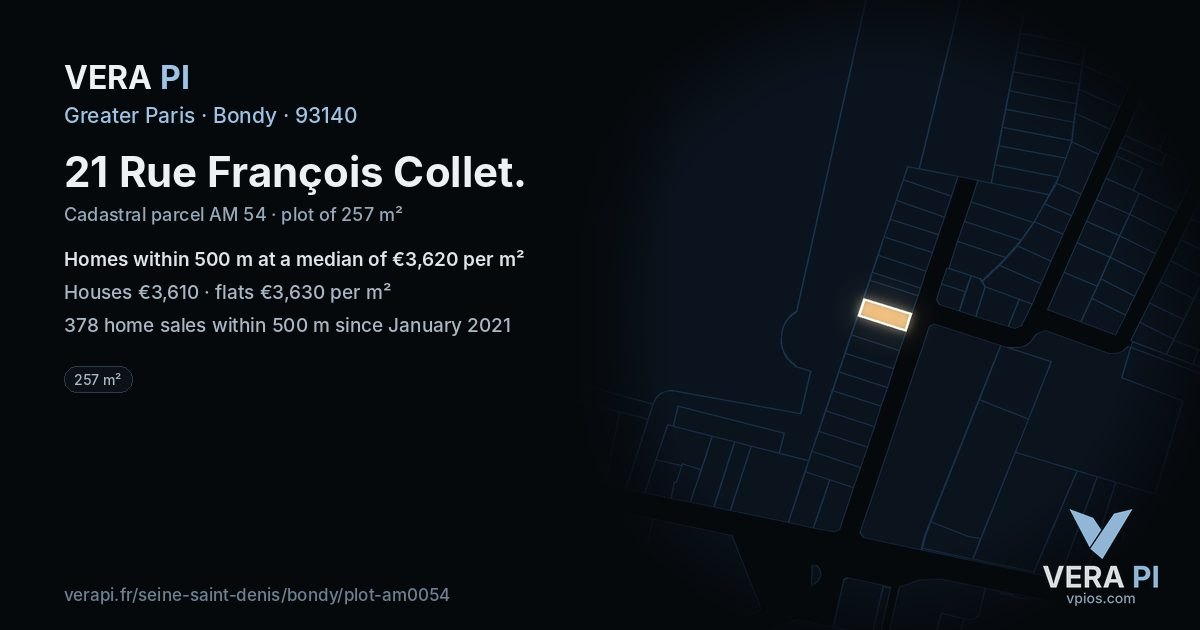 21 Rue François Collet, Bondy at night – the plot lit, the parcels around coloured by the prices near them