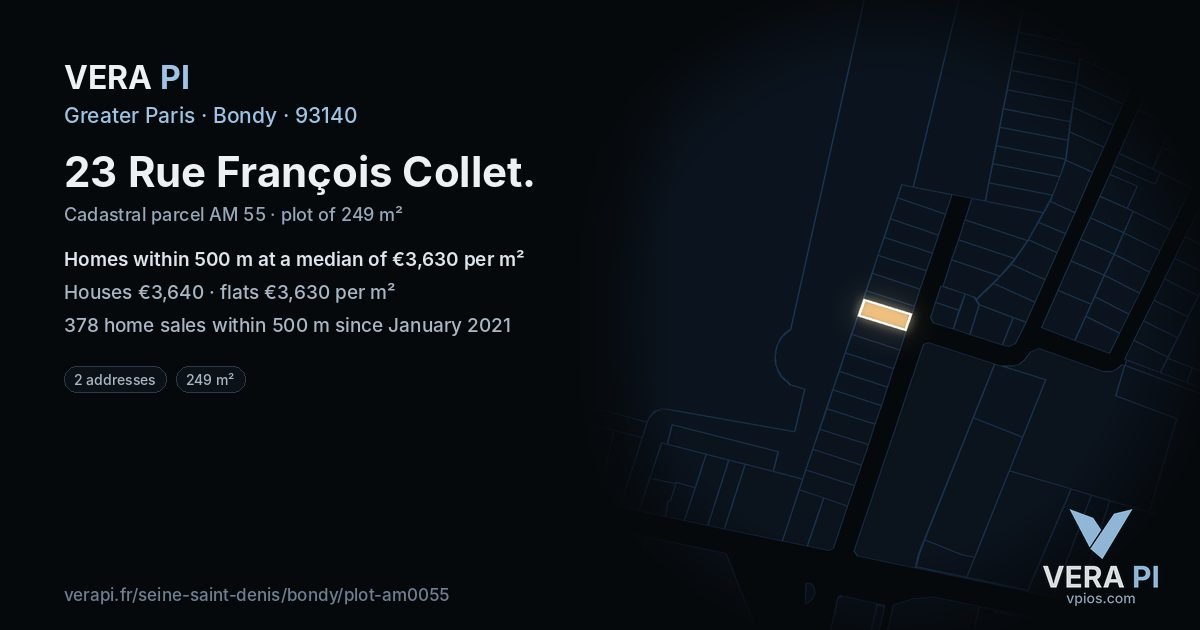 23 Rue François Collet, Bondy at night – the plot lit, the parcels around coloured by the prices near them