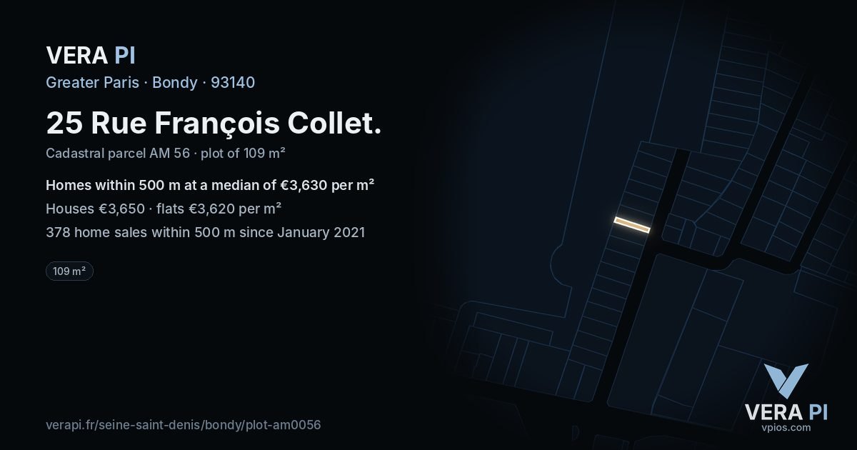 25 Rue François Collet, Bondy at night – the plot lit, the parcels around coloured by the prices near them