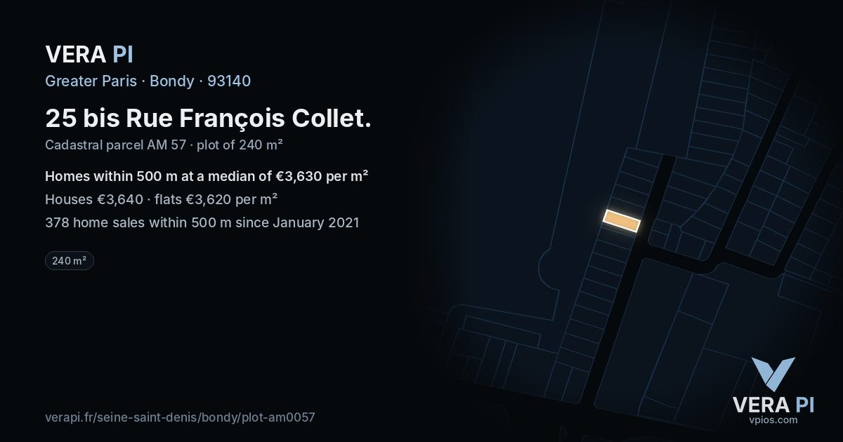 25 bis Rue François Collet, Bondy at night – the plot lit, the parcels around coloured by the prices near them