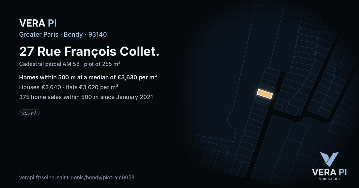 27 Rue François Collet, Bondy at night – the plot lit, the parcels around coloured by the prices near them