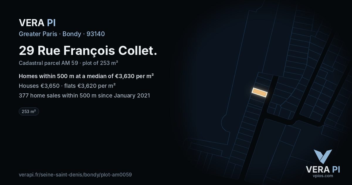 29 Rue François Collet, Bondy at night – the plot lit, the parcels around coloured by the prices near them