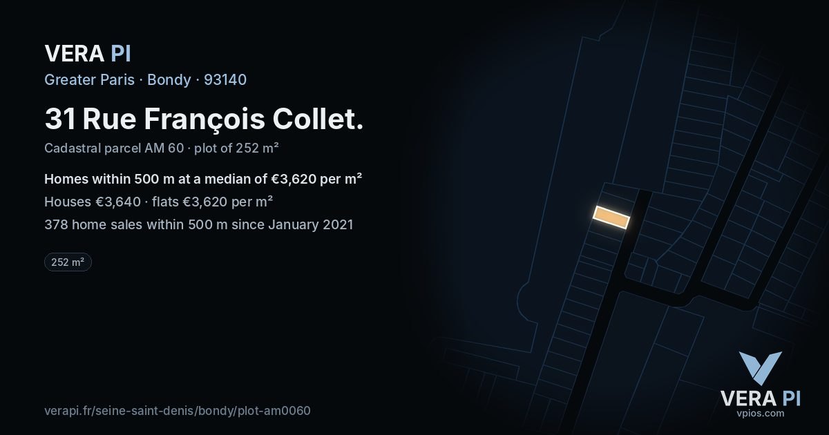 31 Rue François Collet, Bondy at night – the plot lit, the parcels around coloured by the prices near them