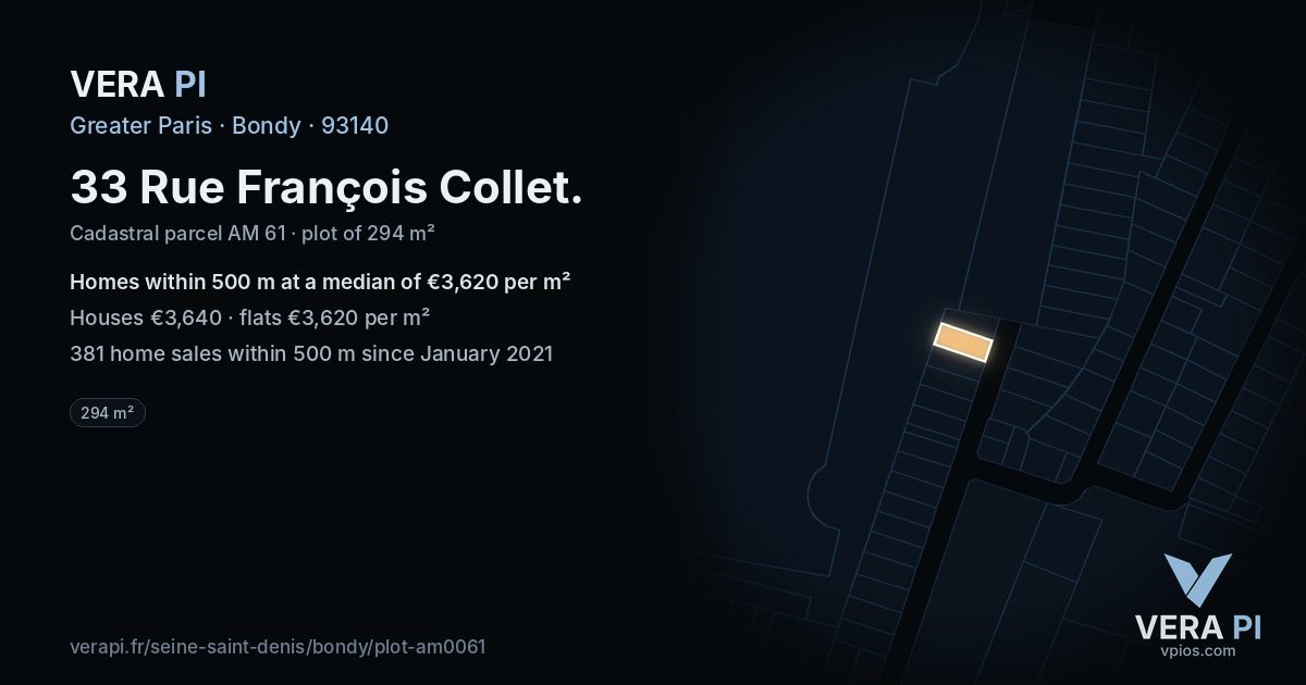 33 Rue François Collet, Bondy at night – the plot lit, the parcels around coloured by the prices near them