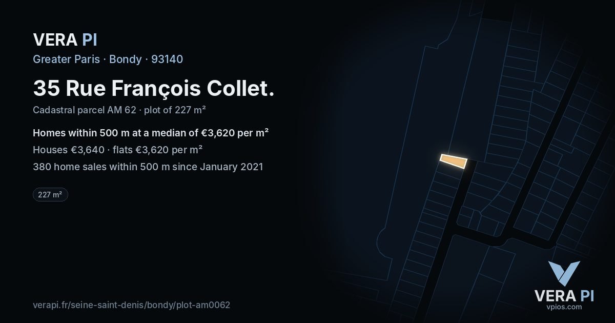 35 Rue François Collet, Bondy at night – the plot lit, the parcels around coloured by the prices near them