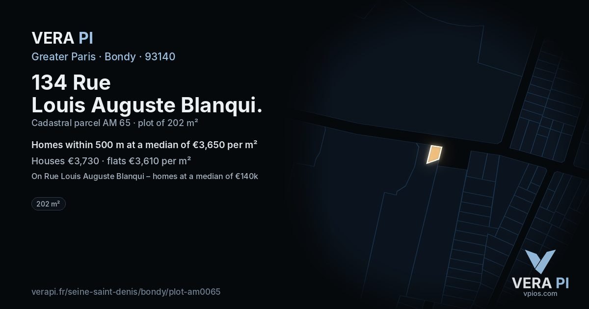 134 Rue Louis Auguste Blanqui, Bondy at night – the plot lit, the parcels around coloured by the prices near them