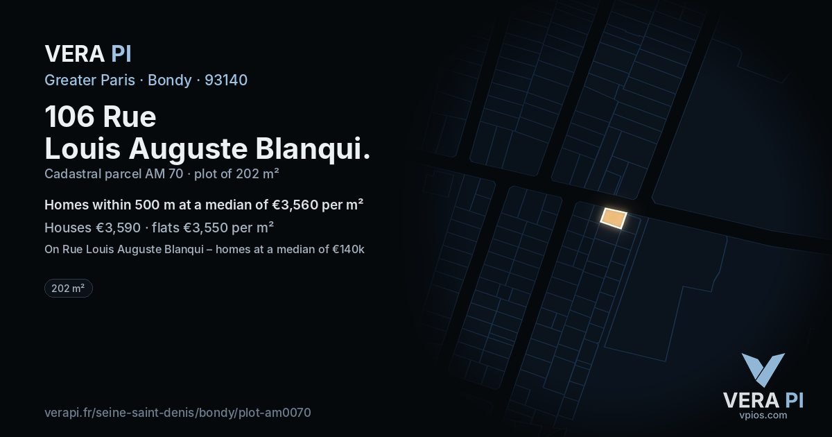 106 Rue Louis Auguste Blanqui, Bondy at night – the plot lit, the parcels around coloured by the prices near them