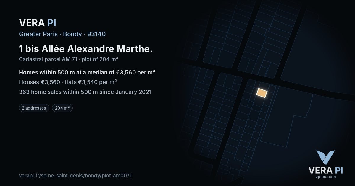 1 bis Allée Alexandre Marthe, Bondy at night – the plot lit, the parcels around coloured by the prices near them