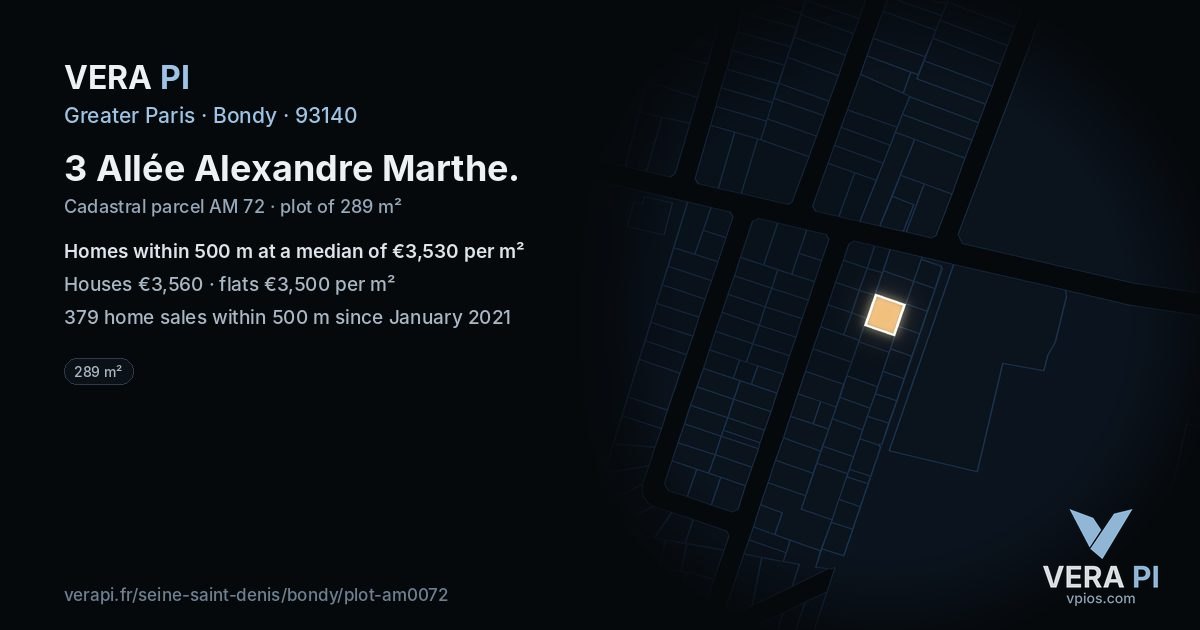 3 Allée Alexandre Marthe, Bondy at night – the plot lit, the parcels around coloured by the prices near them
