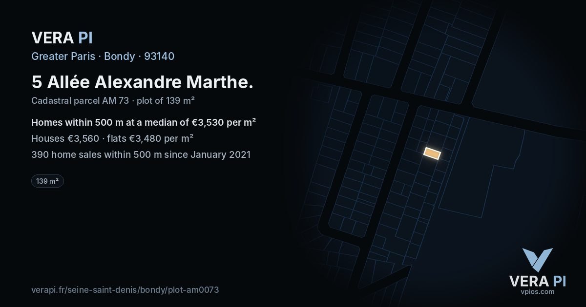 5 Allée Alexandre Marthe, Bondy at night – the plot lit, the parcels around coloured by the prices near them