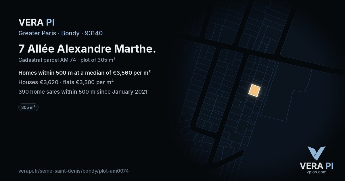 7 Allée Alexandre Marthe, Bondy at night – the plot lit, the parcels around coloured by the prices near them