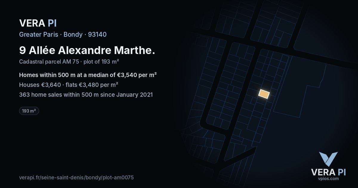 9 Allée Alexandre Marthe, Bondy at night – the plot lit, the parcels around coloured by the prices near them