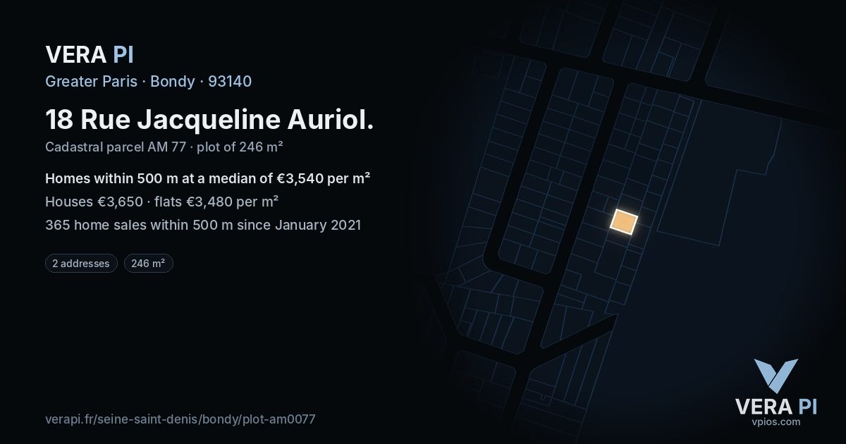 18 Rue Jacqueline Auriol, Bondy at night – the plot lit, the parcels around coloured by the prices near them