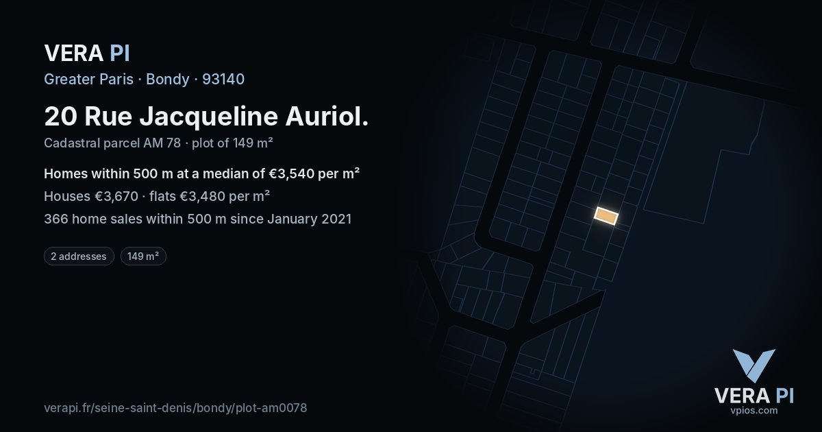 20 Rue Jacqueline Auriol, Bondy at night – the plot lit, the parcels around coloured by the prices near them