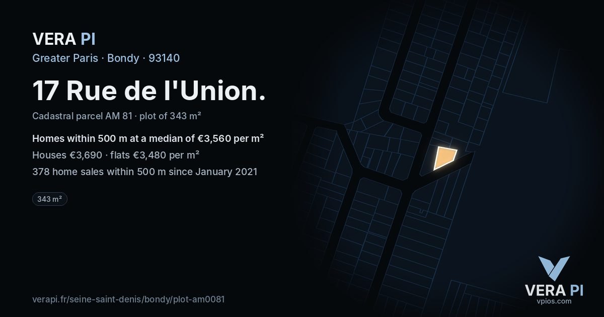 17 Rue de l'Union, Bondy at night – the plot lit, the parcels around coloured by the prices near them