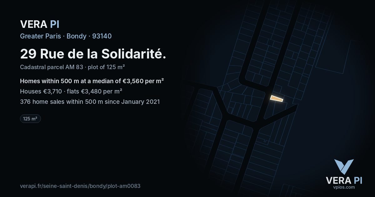 29 Rue de la Solidarité, Bondy at night – the plot lit, the parcels around coloured by the prices near them