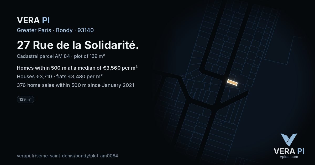 27 Rue de la Solidarité, Bondy at night – the plot lit, the parcels around coloured by the prices near them