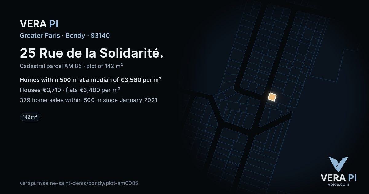 25 Rue de la Solidarité, Bondy at night – the plot lit, the parcels around coloured by the prices near them
