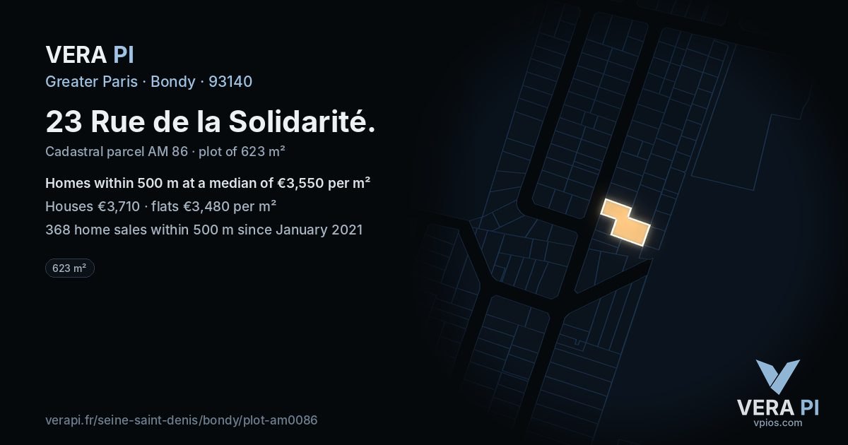 23 Rue de la Solidarité, Bondy at night – the plot lit, the parcels around coloured by the prices near them
