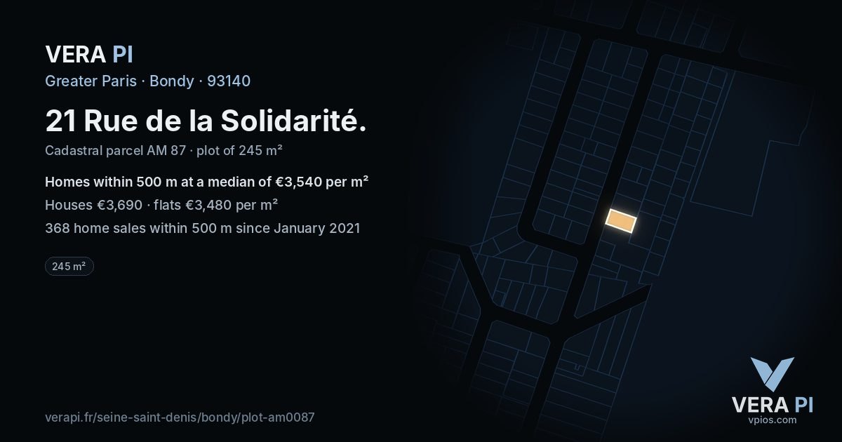 21 Rue de la Solidarité, Bondy at night – the plot lit, the parcels around coloured by the prices near them