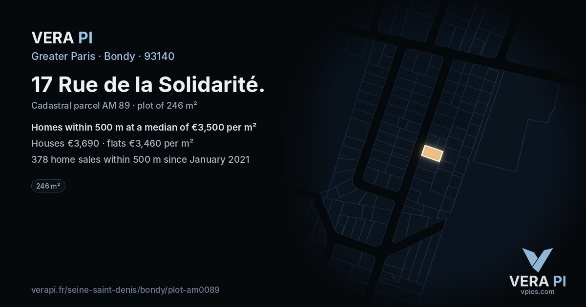 17 Rue de la Solidarité, Bondy at night – the plot lit, the parcels around coloured by the prices near them