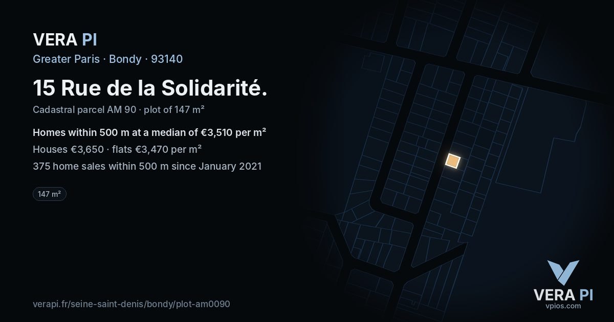 15 Rue de la Solidarité, Bondy at night – the plot lit, the parcels around coloured by the prices near them
