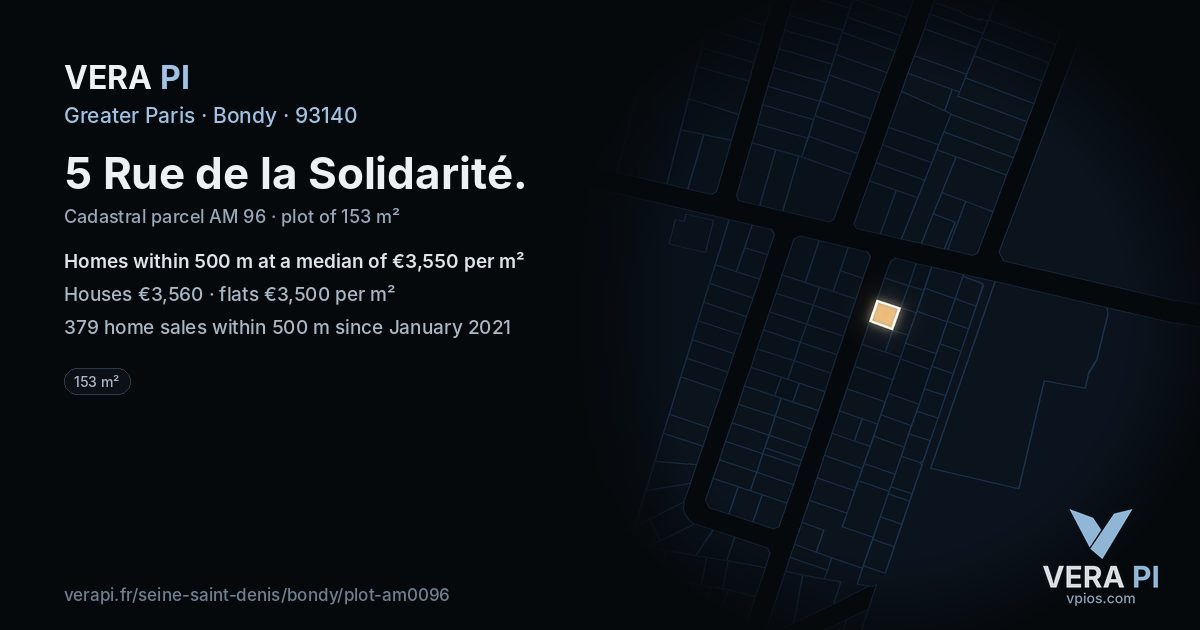 5 Rue de la Solidarité, Bondy at night – the plot lit, the parcels around coloured by the prices near them