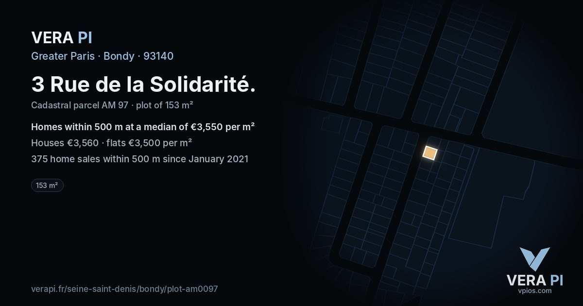 3 Rue de la Solidarité, Bondy at night – the plot lit, the parcels around coloured by the prices near them
