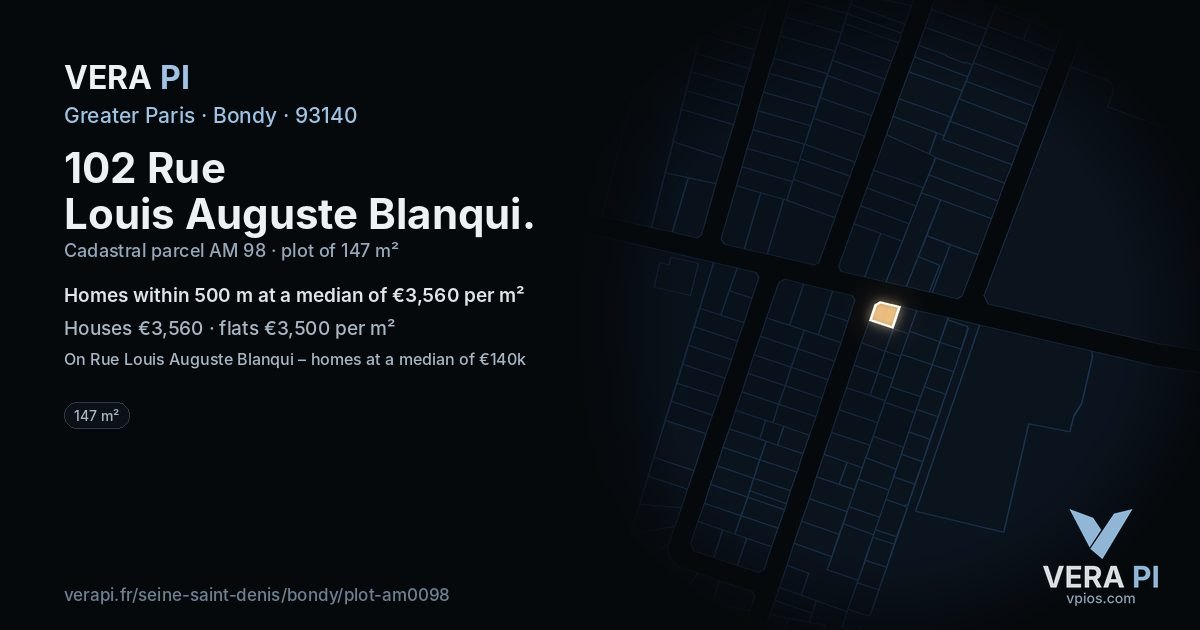 102 Rue Louis Auguste Blanqui, Bondy at night – the plot lit, the parcels around coloured by the prices near them