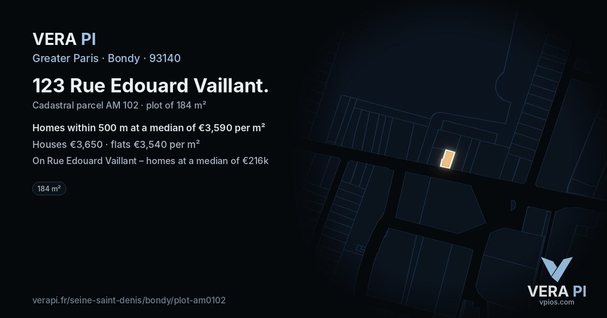 123 Rue Edouard Vaillant, Bondy at night – the plot lit, the parcels around coloured by the prices near them