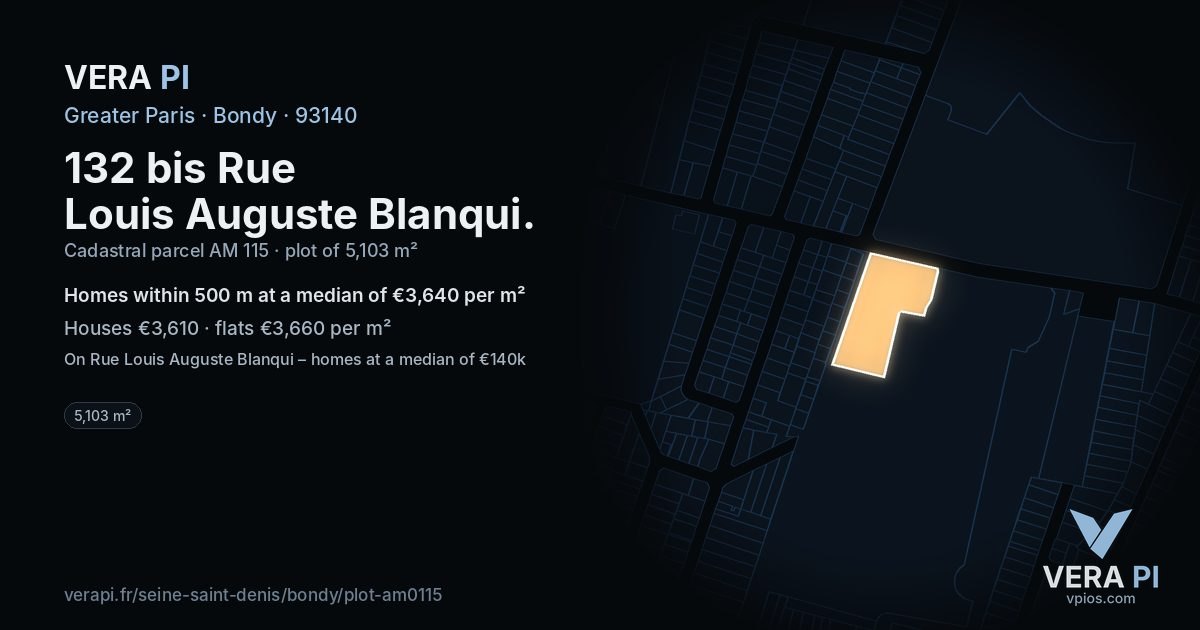 132 bis Rue Louis Auguste Blanqui, Bondy at night – the plot lit, the parcels around coloured by the prices near them