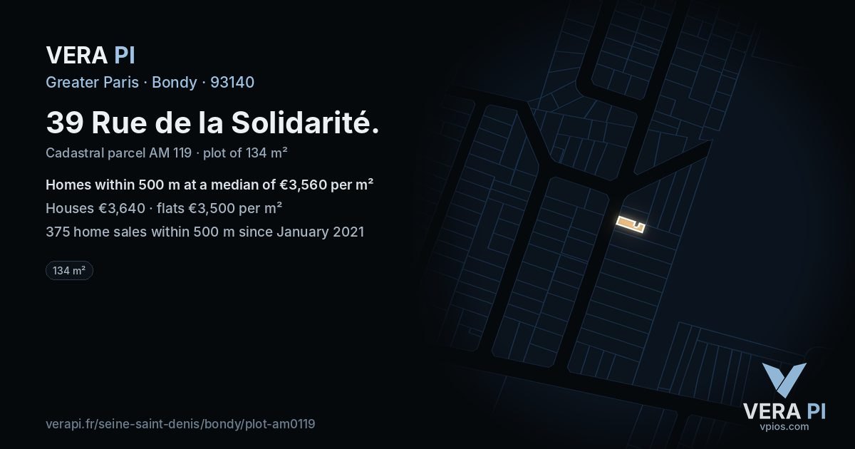 39 Rue de la Solidarité, Bondy at night – the plot lit, the parcels around coloured by the prices near them