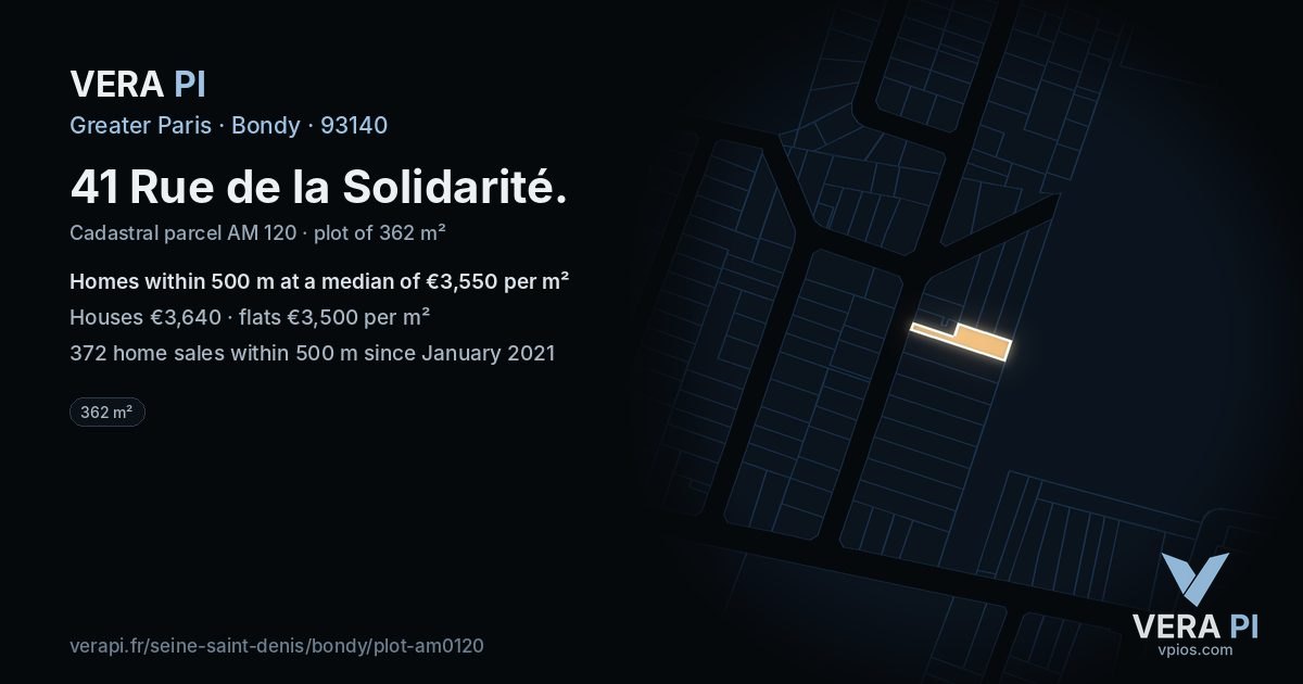 41 Rue de la Solidarité, Bondy at night – the plot lit, the parcels around coloured by the prices near them