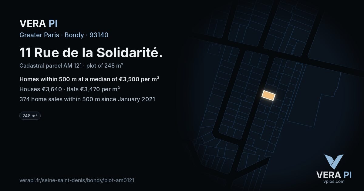 11 Rue de la Solidarité, Bondy at night – the plot lit, the parcels around coloured by the prices near them